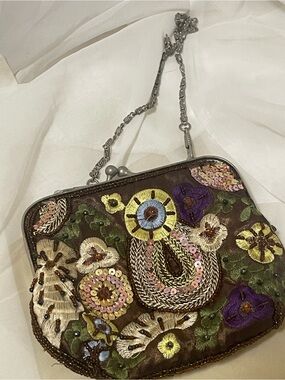 Embroidered Floral Evening Bag in Brown with Multicolor Accents